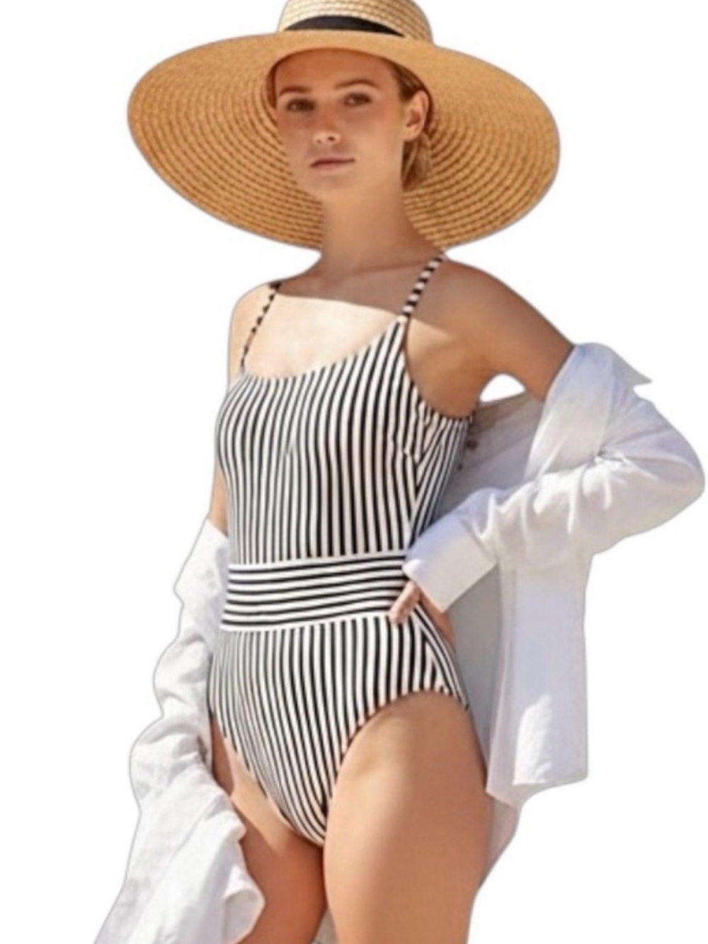 Kona Sol Ribbed Stripe One Piece Swimsuit Small Slimming Coastal Chic